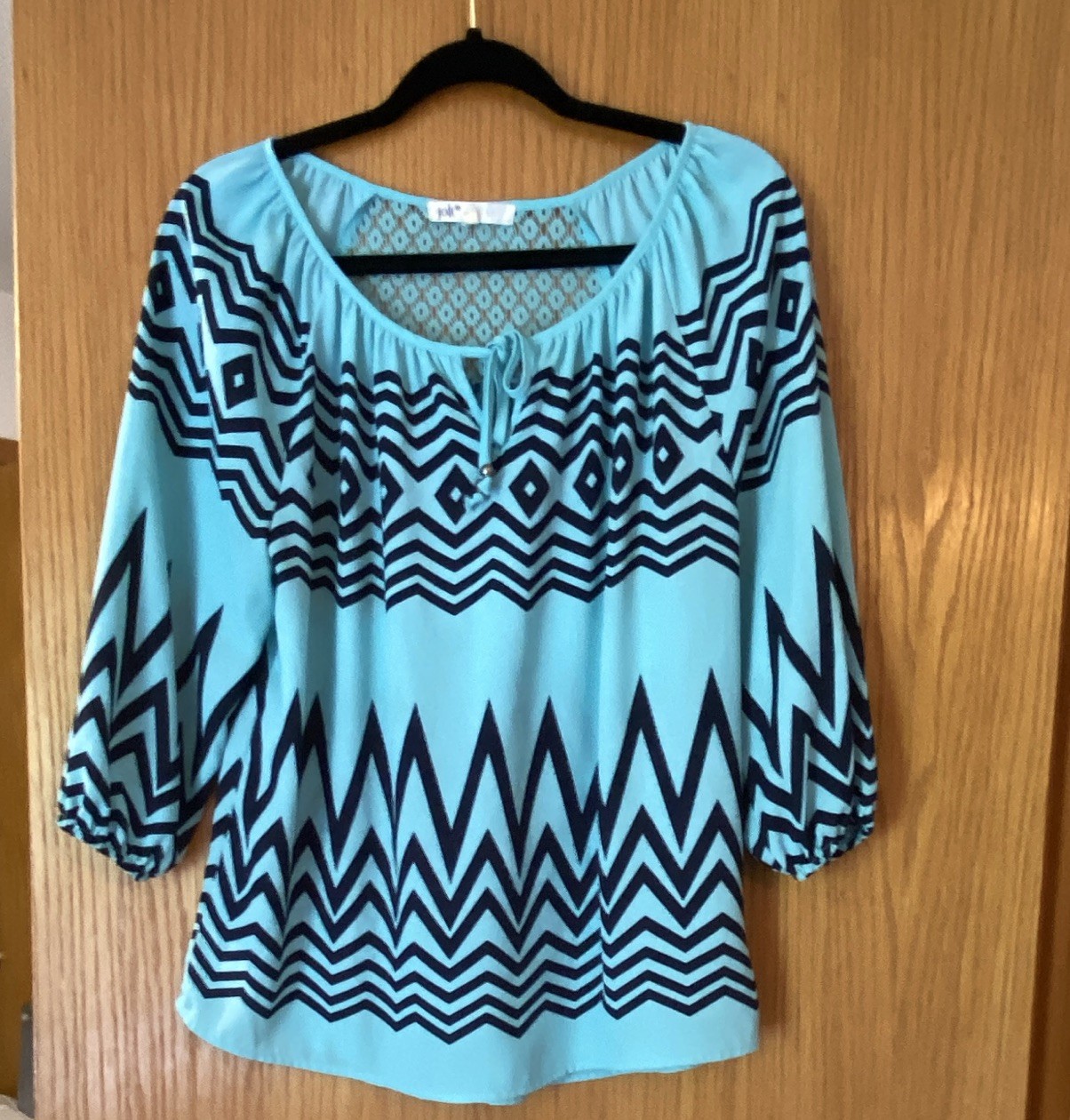 Jolt Boho Peasant Bell Sleeve Blouse, Size Medium, Aqua And Navy Blue Print