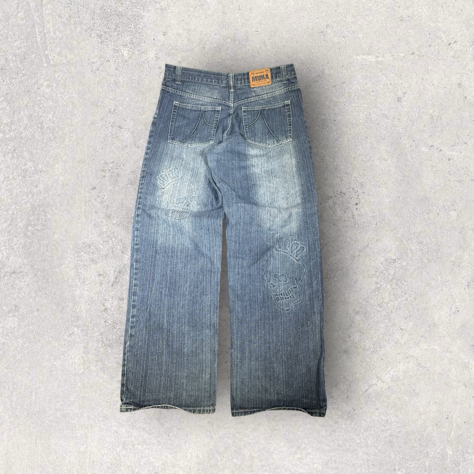 Vintage Y2k Muka Skull Baggy Denim Jeans Mens 36×34 Blue Wide Leg Skater Rare