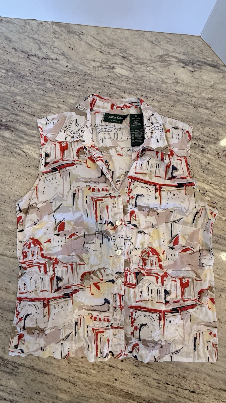 Lemon Grass studio Sleeveless Button-Up Blouse in Cream with Red Accents medium