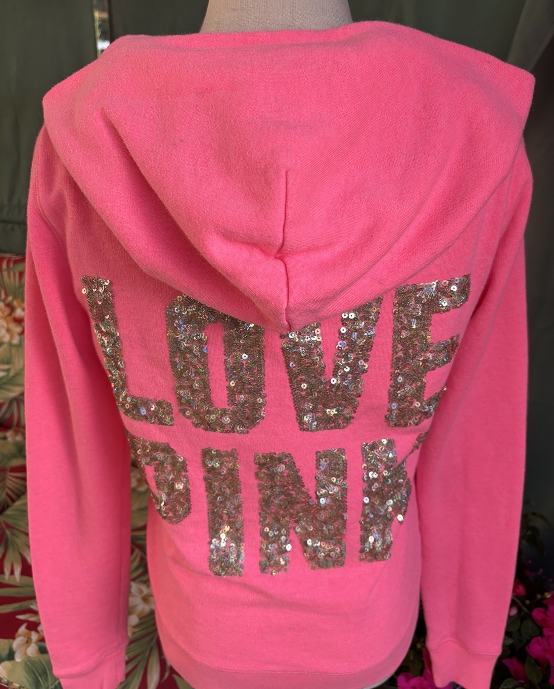 Victoria’s Secret LOVE PINK Bling Sequin Back Spellout Dog Zip Hoodie XS Y2K