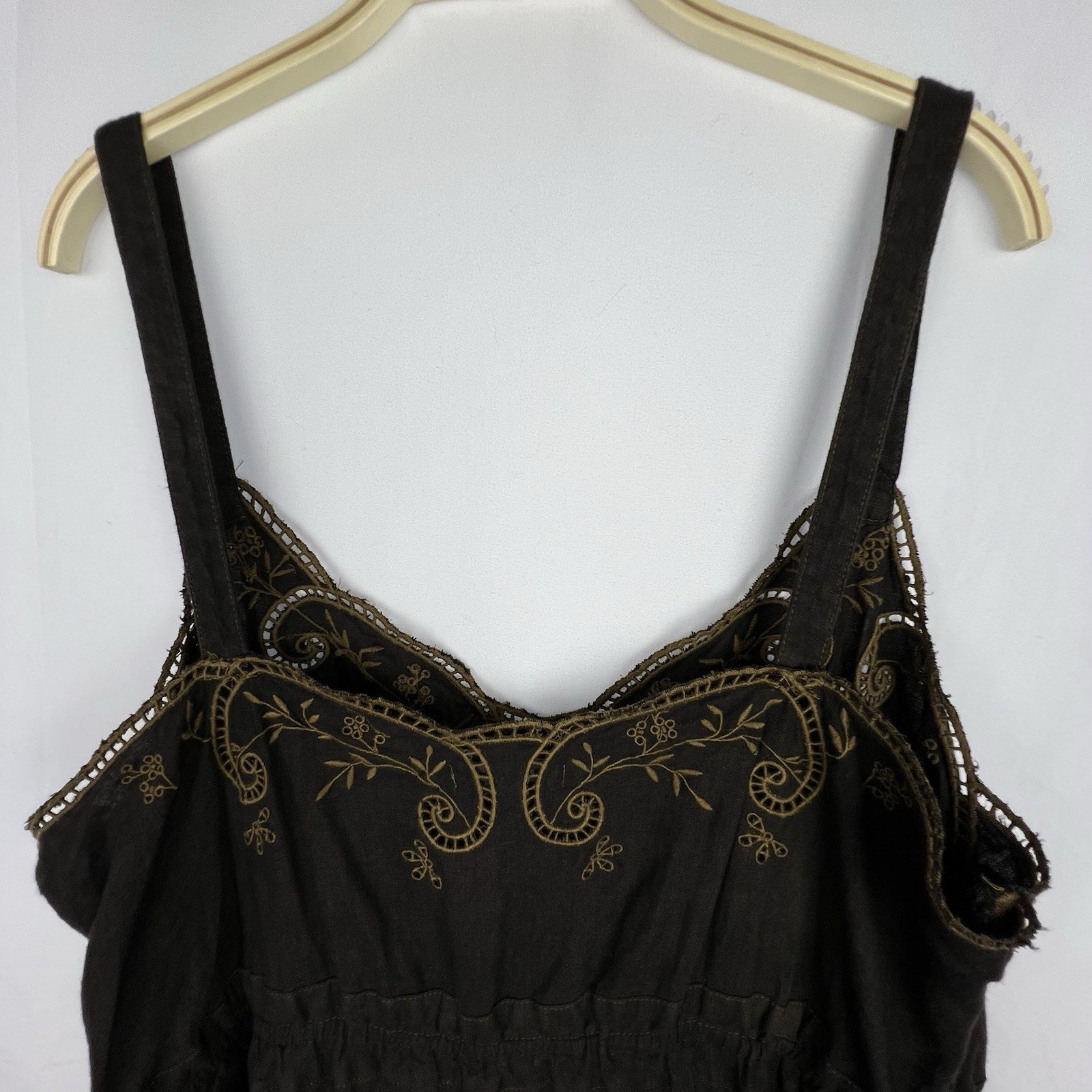J.CREW Brown 100% Linen Embroidered Slip Dress Women 16 Boho Peasant Pockets