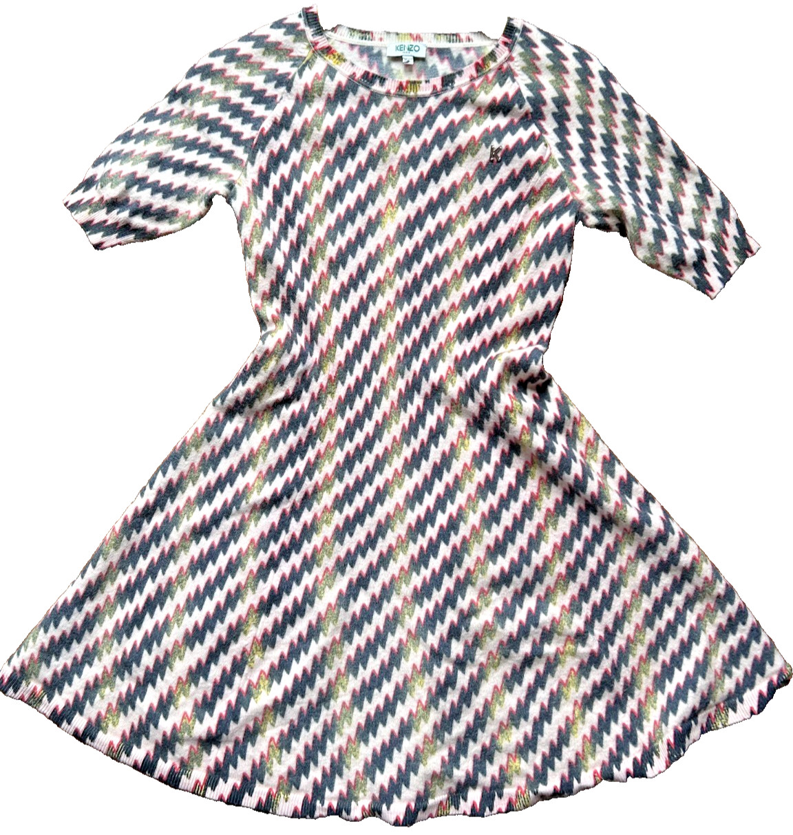 Designer KENZO Paris Graphic Zigzag Knit Mini Dress XS 0 2 Pink Fit Flare 2012