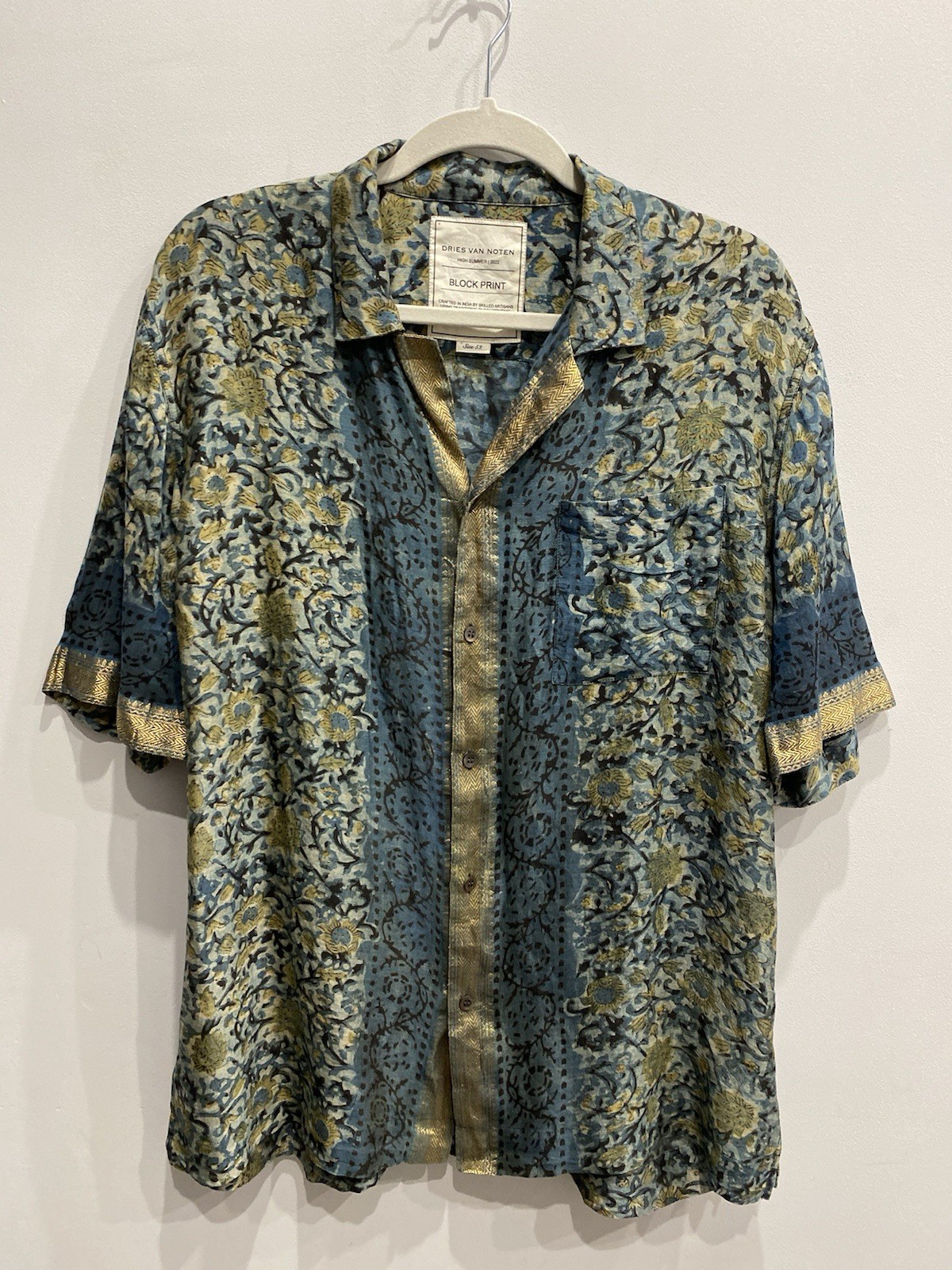 Dries Van Noten High Summer 2022 Block Print Shirt Size 52 Cotton Silk India