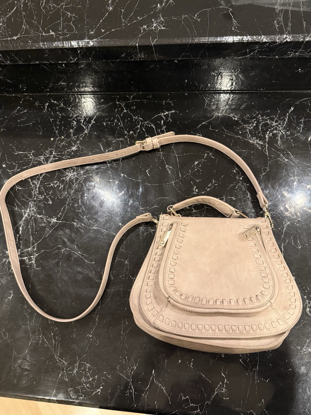 Beige Small Geometric Crossbody Bag Top Handle Adjustable Strap Zip Pockets