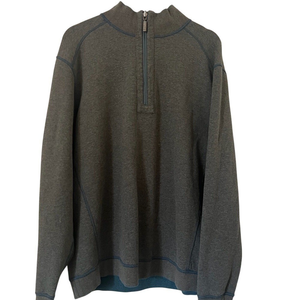 Tommy Bahama Mens Reversible Quarter Zip Pullover Sweatshirt Teal Grey XL