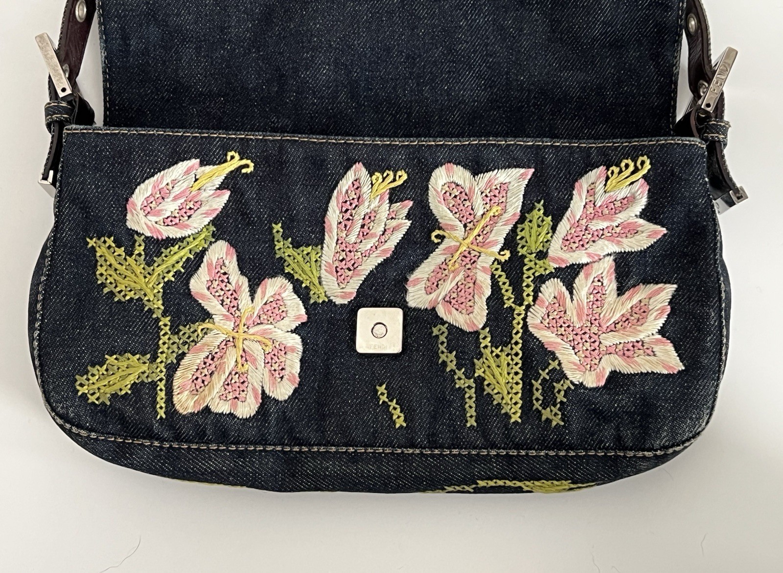 Authentic Vintage Fendi Y2K Indigo Denim Floral Embroidered Baguette Handbag