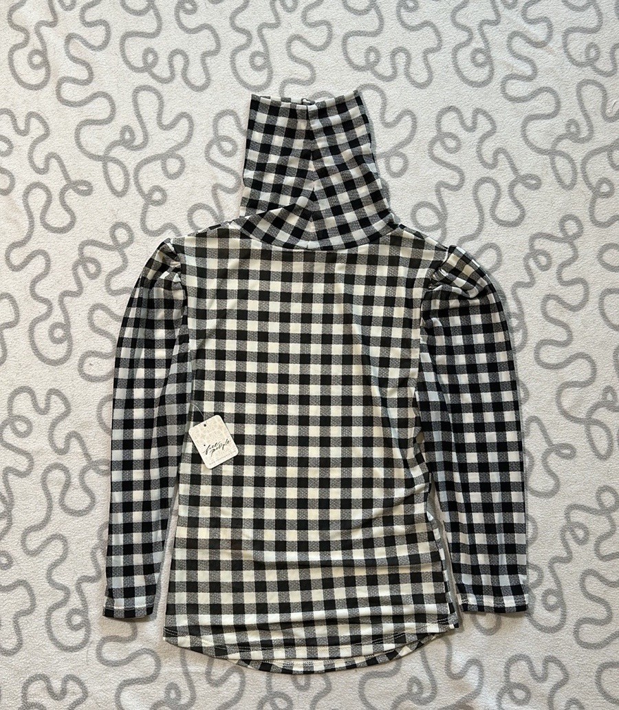 NWT Free People Black White Gingham Turtleneck Puff Sleeve Top XS