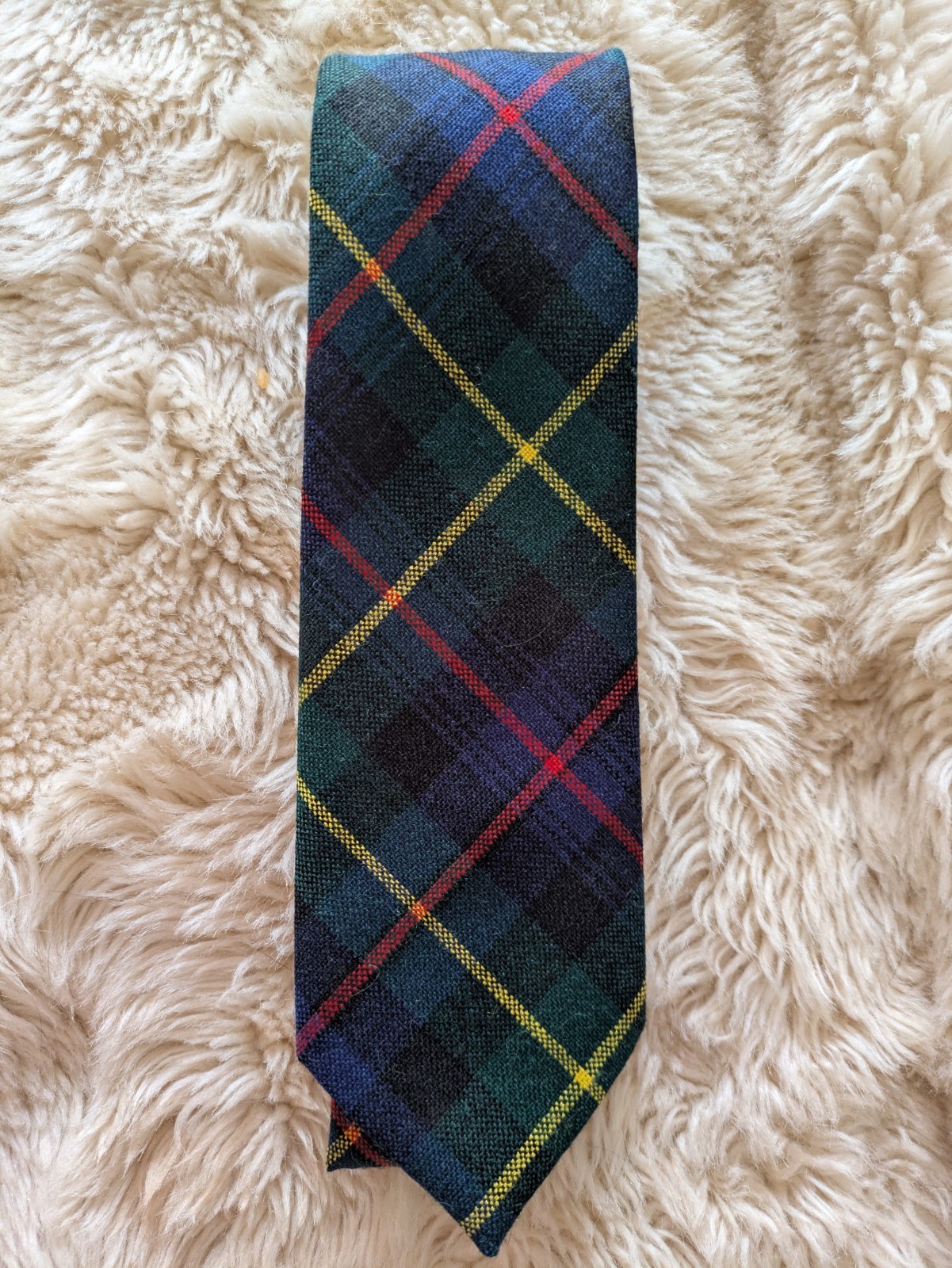 Farquharson Wool Plaid Neck Tie Black/Navy/Green/Red/Yellow VTG 54″ Scotland