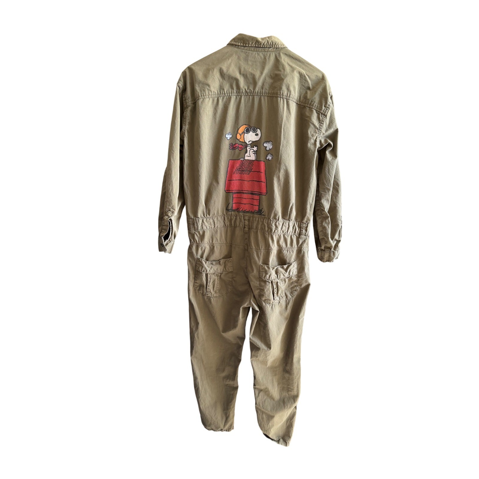 Zara Peanuts Snoopy Olive Green Utility Jumpsuit Coveralls Women’s Large L