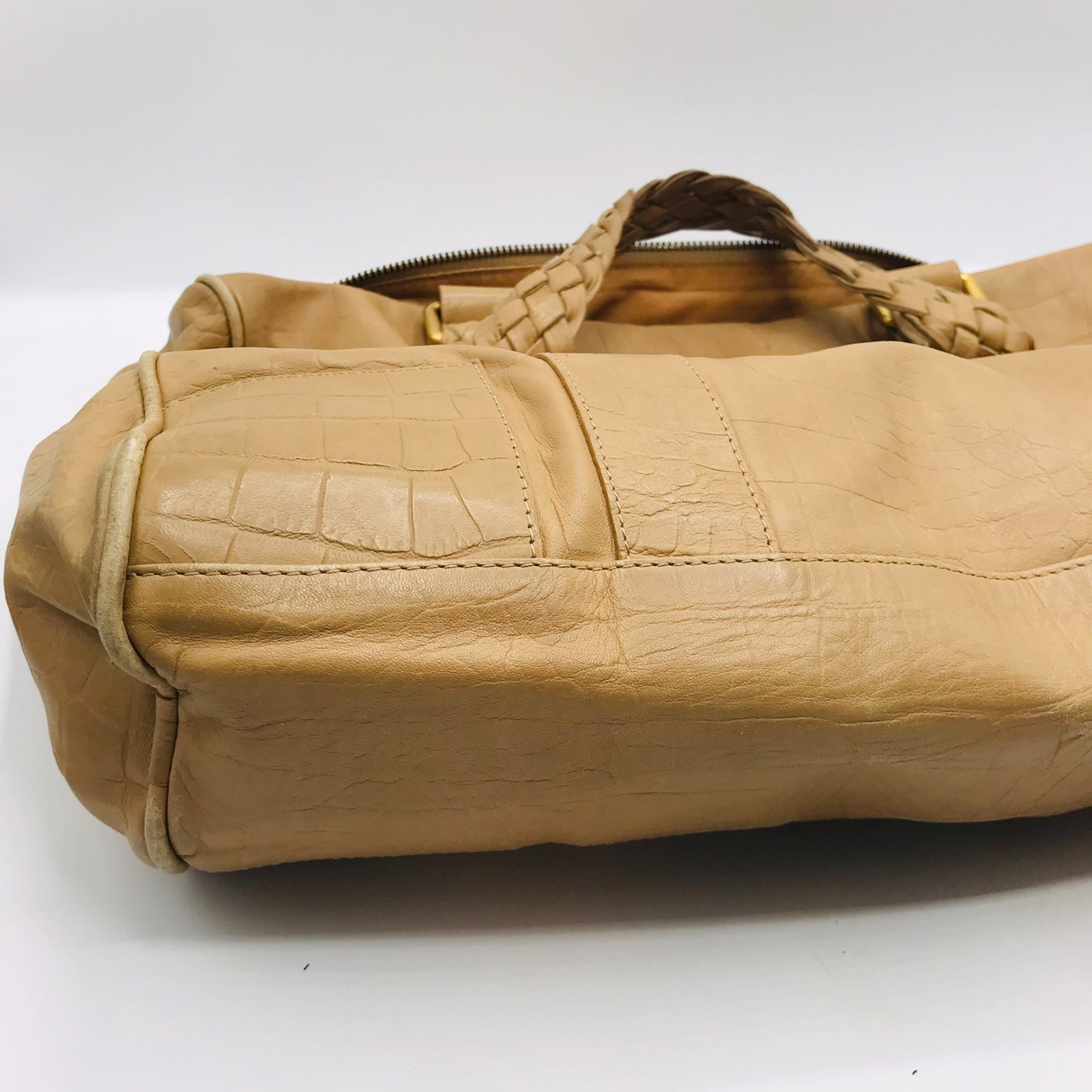 Falor Tan Leather Tote Bag Made In Italy with Woven Handles Embossed Snakeskin