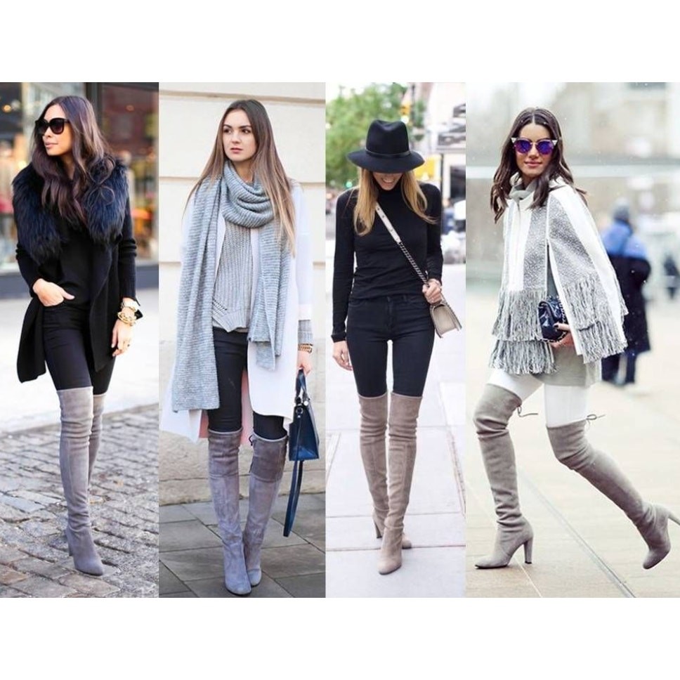 Stuart Weitzman Highland Boots Over the Knee Thigh High Gray Block Heel sz 38