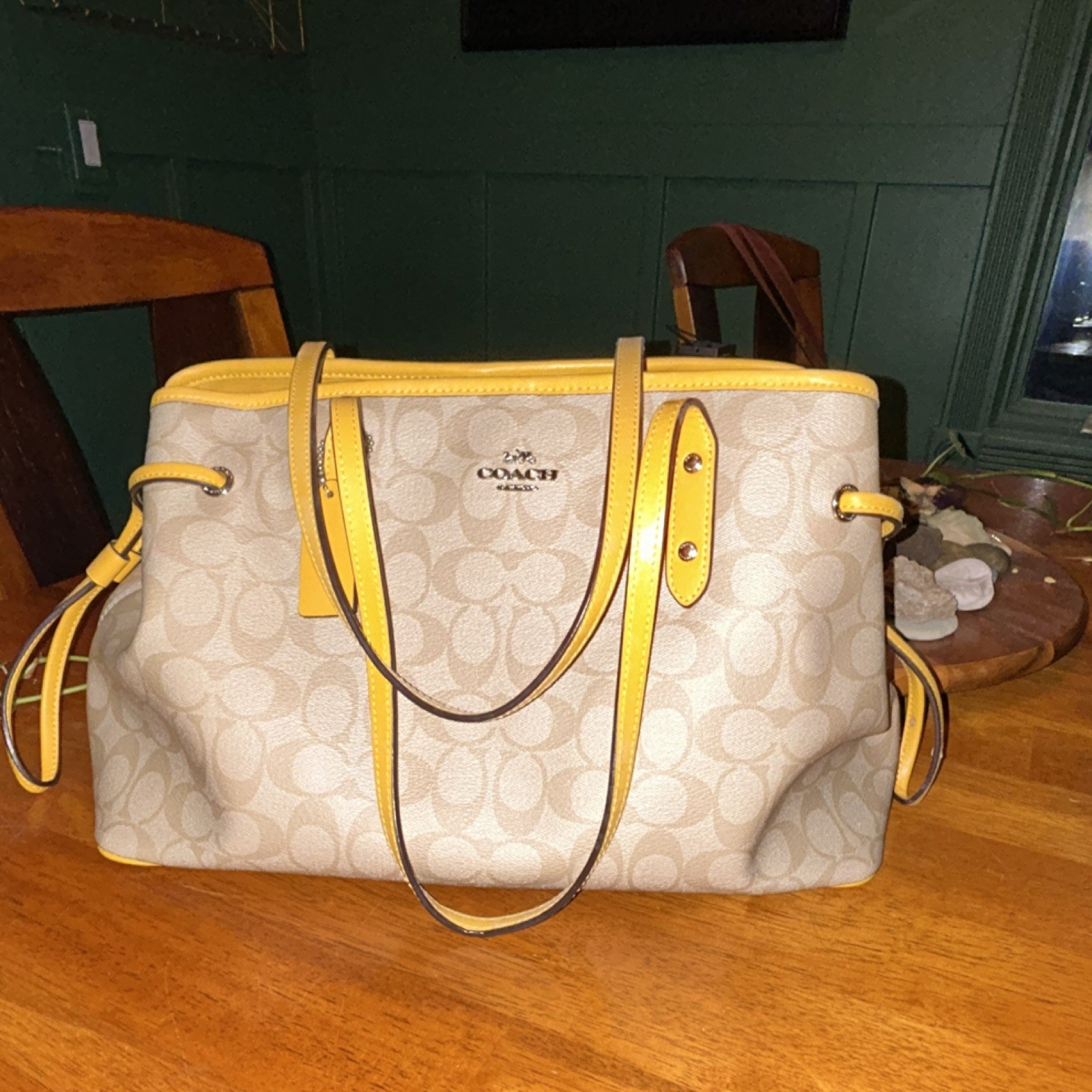 Coach Signature Logo Tote Beige Yellow Zip Silver Hardware Double Handles