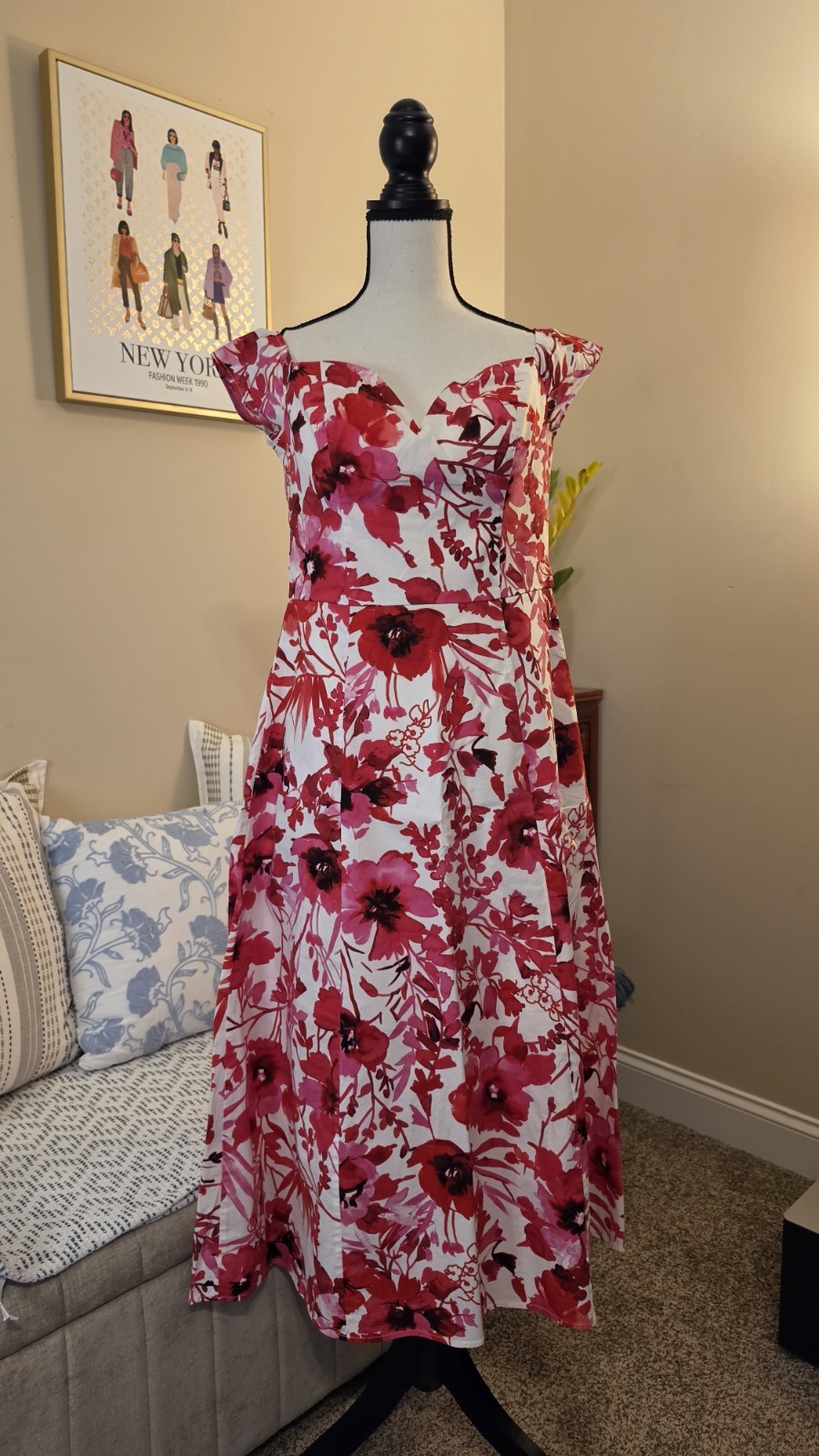 Rebecca B Red Floral Off-Shoulder Midi Dress Size 10 Fit & Flare Summer Dress