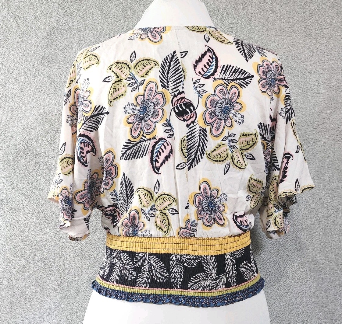 Angie Medium Boho Floral Paisley Tie Front Crop Top Smocked Waist Blouse New
