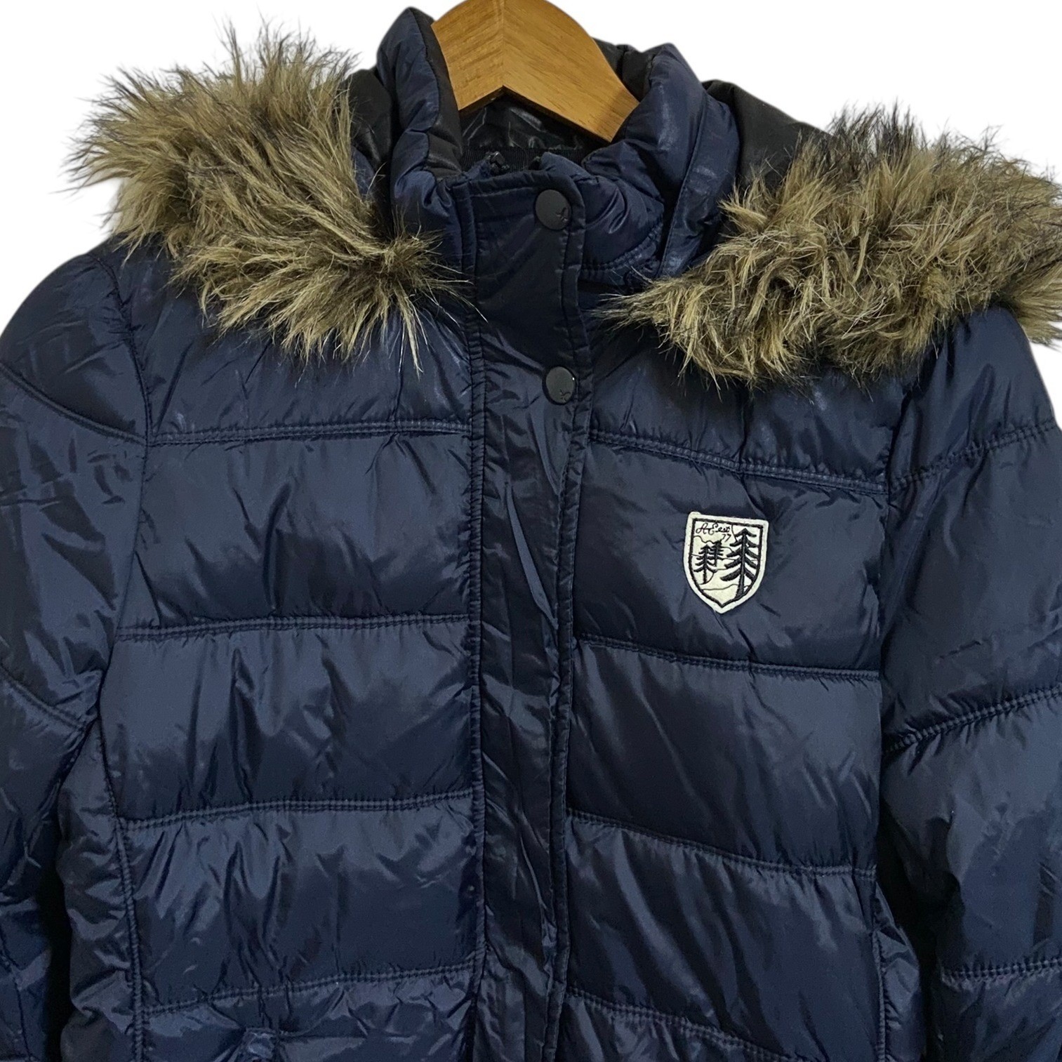 American Eagle Outfitters Puffer Jacket Fur Hood Navy Blue Quilted Winter Coat L