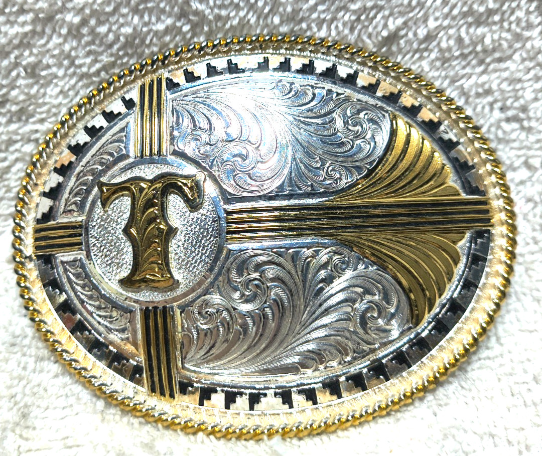 Montana Silversmiths Letter T Buckle Aztec Rope Edge Silver Gold Oval Vintage