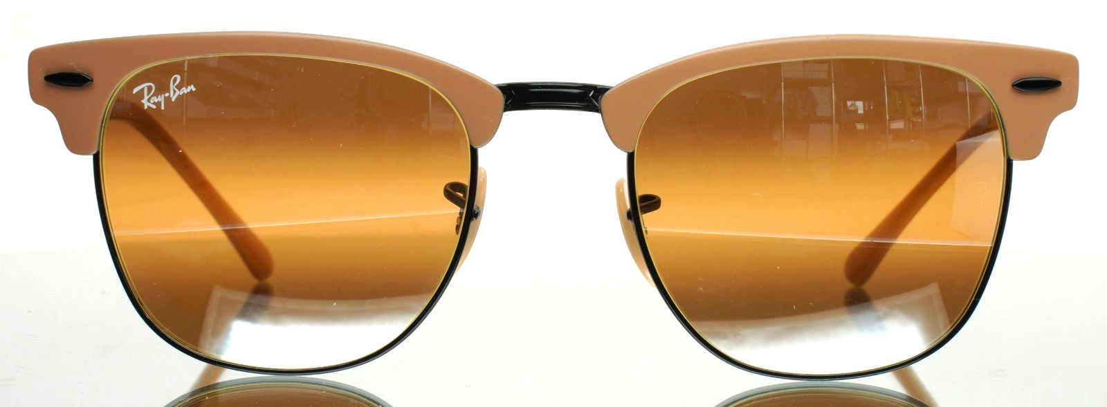 RAY BAN RB3716 9157/AG Clubmaster Metal Beige Black Mirror Sunglasses 51-21-145