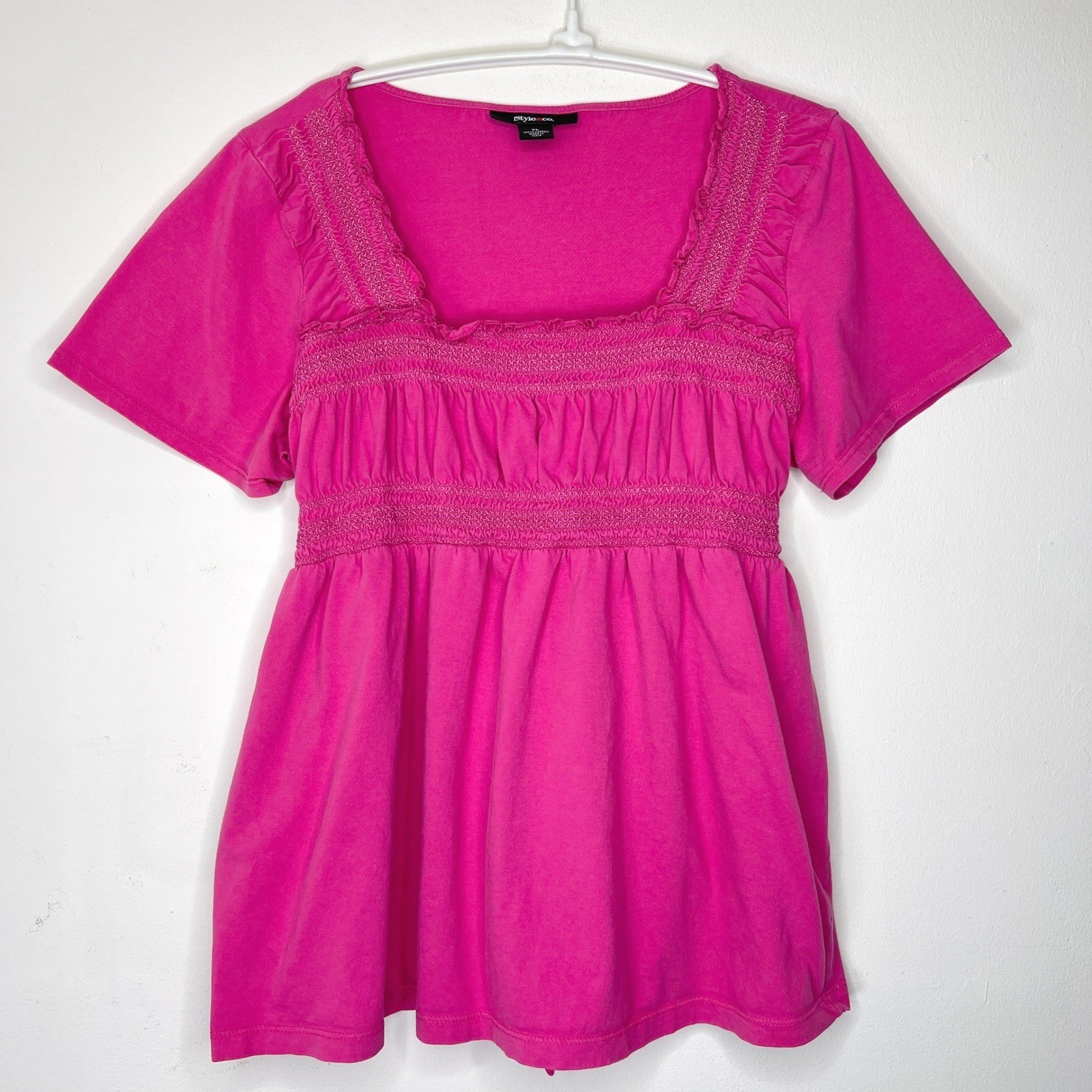 Vintage Y2K Babydoll Top Cotton Hot Pink Square Neck Smocked Tie Back XL