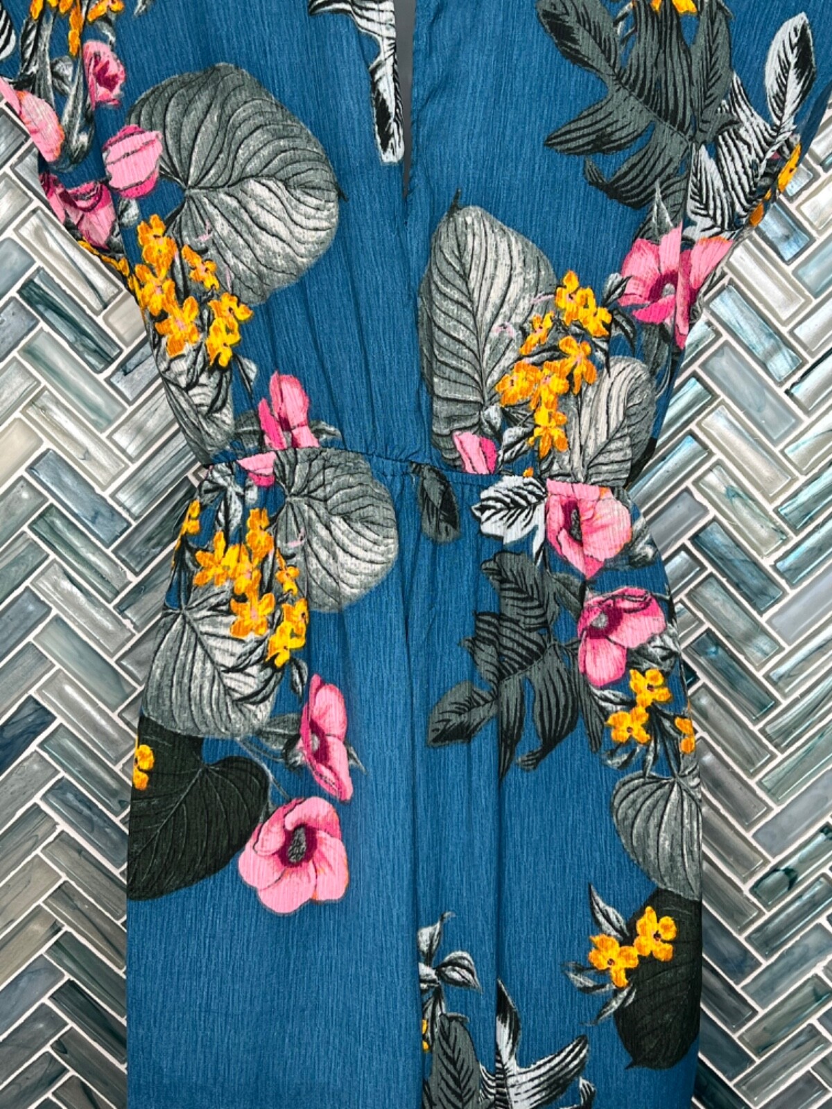 CHARLOTTE RUSSE DRK TEAL FLORAL TIE FRONT TROPICAL HIGH WAISTED JUMPER ROMPER XS