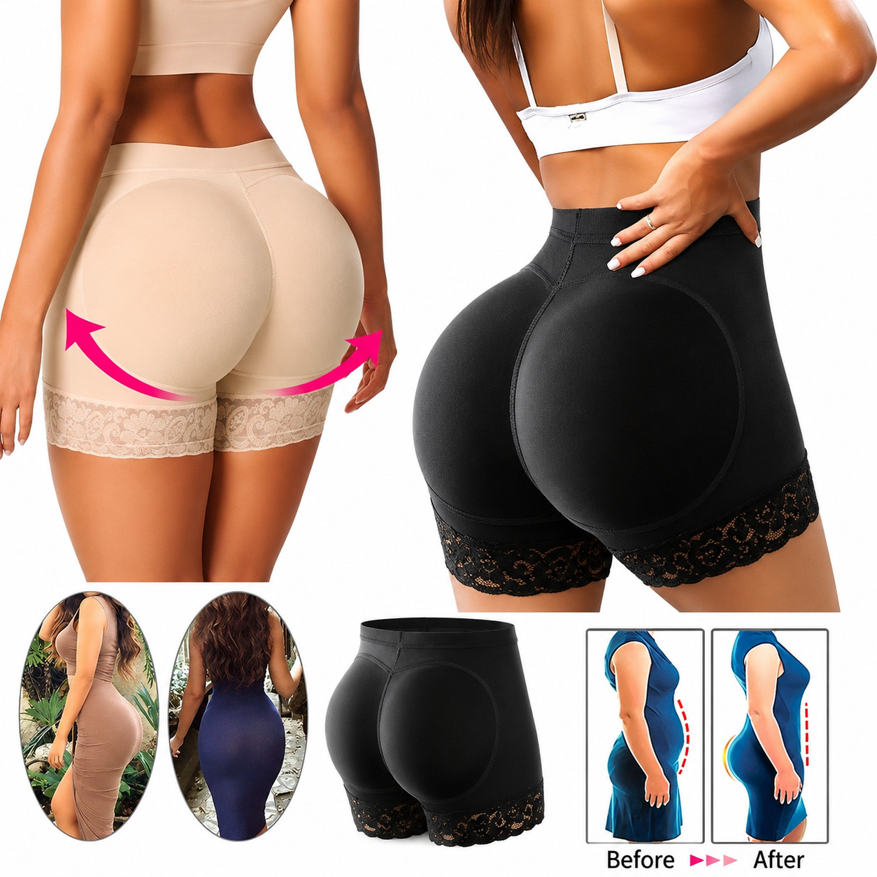 Women’s Padded Butt-Lifting Shapewear Briefs Black/Beige Soft Contouring Comfort