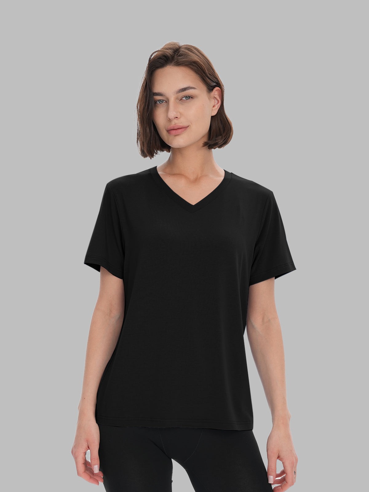 BAMBOO COOL Women’s Short Slv. T Shirt Basic Tee Regular Fit V neck Small black