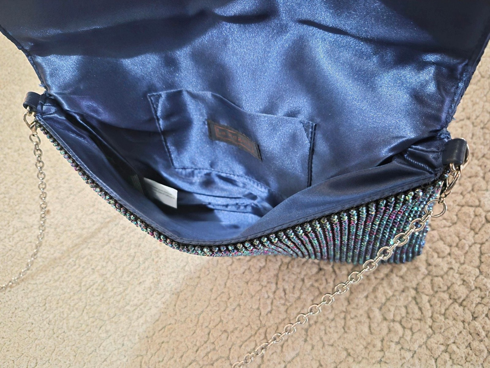 La Regale Iridescent Rhinestone Envelope Clutch with Chain Strap