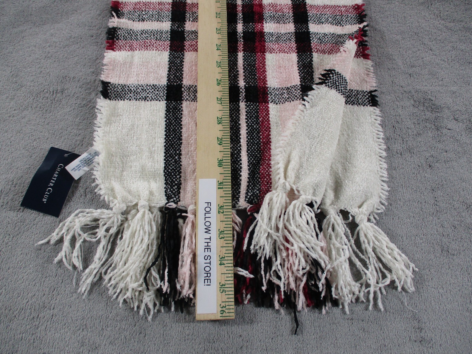 Charter Club Womens One Size Chenille Plaid Scarf Ivory Multicolor Fringe NWT