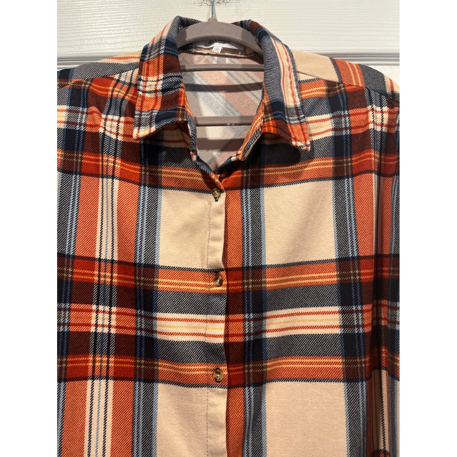 Eden And Olivia Orange Navy Blue Plaid Button Down Shirt Womens Large Size L