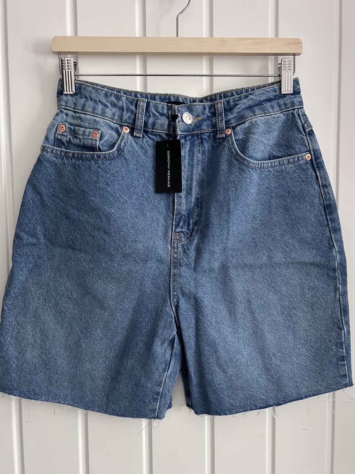 Dorothy Perkins Denim Shorts UK 12 Blue Mid High Rise Raw Hem Summer NWT