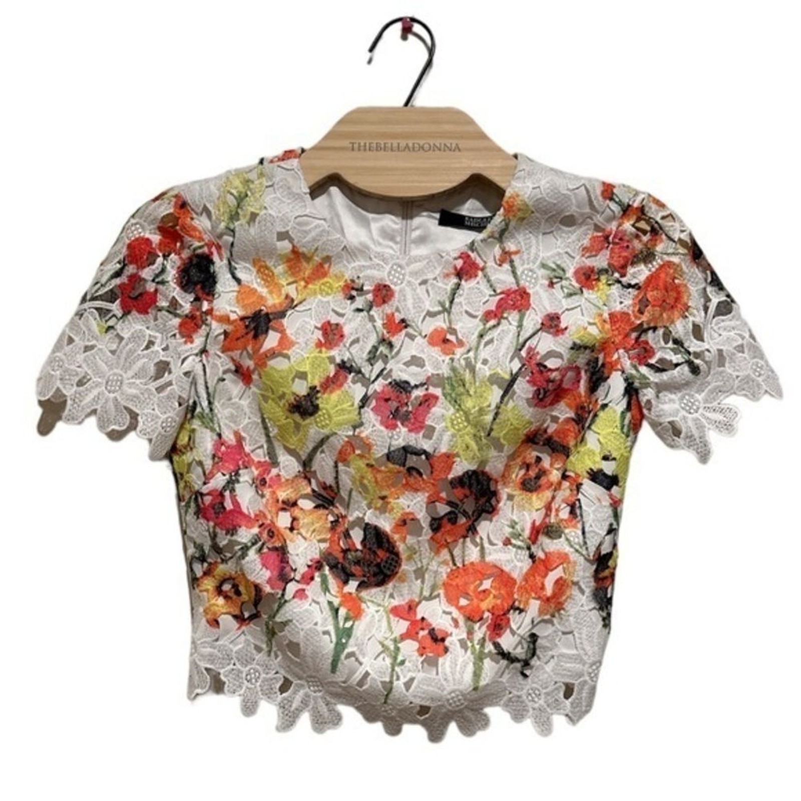 BADGLEY MISCHKA FLORAL EYELET CROPPED TWEE BACK ZIPPERED WHITE GREEN TOP 0