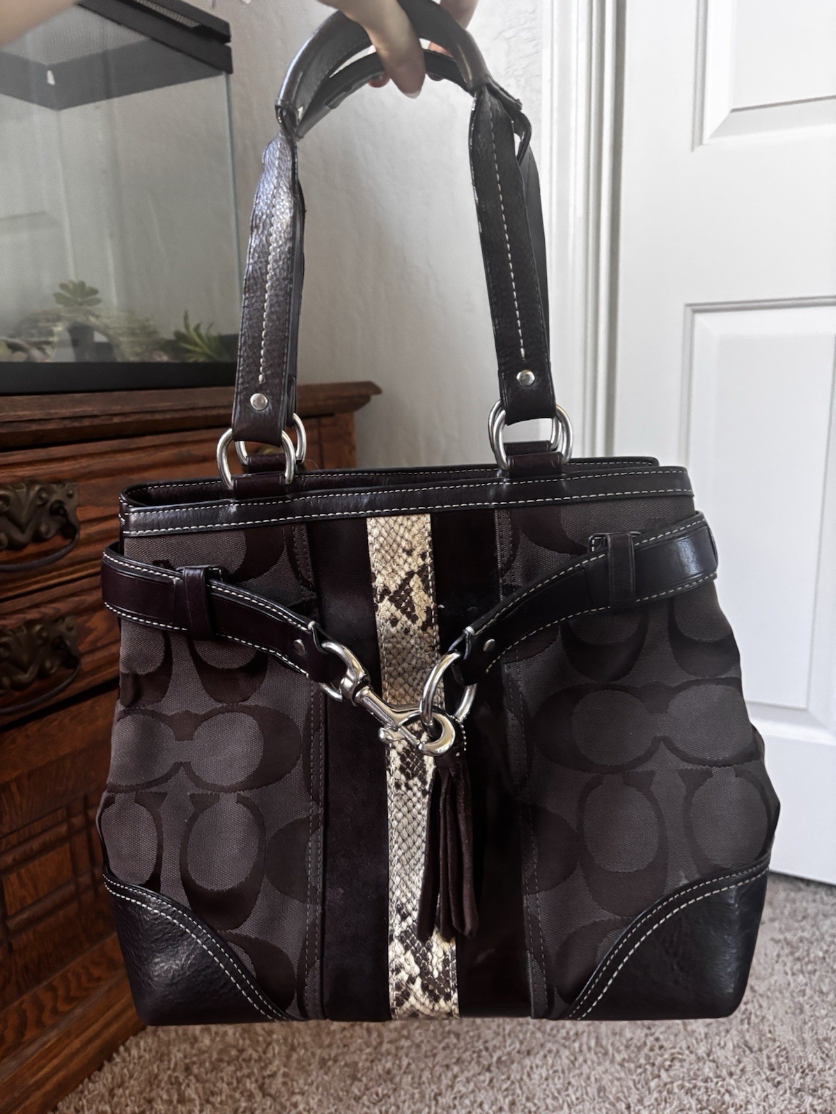 Vintage Coach Hamptons Signature Jacquard & Python Stripe Carryall Tote