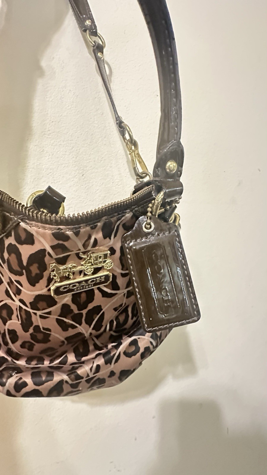 Coach Leopard Print Patent Satchel Top Handle Zip Bag w/ Detachable Strap