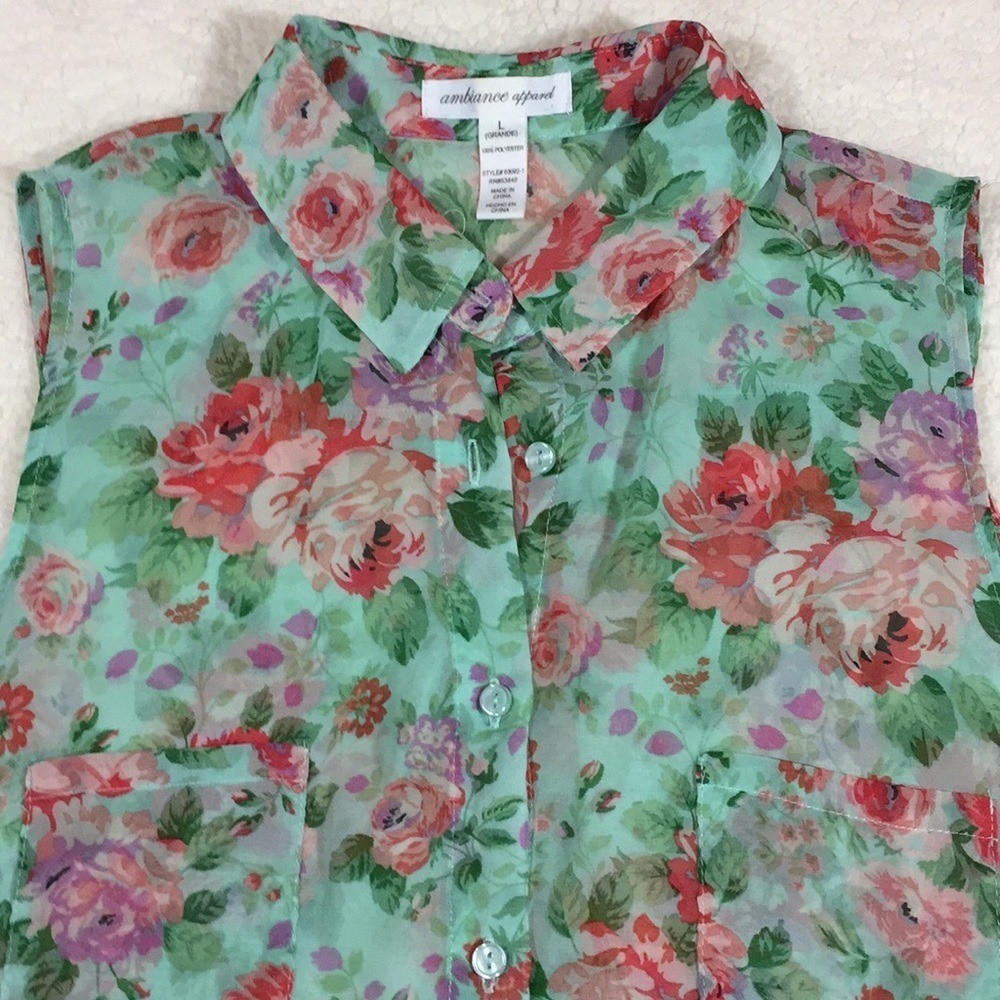 Ambiance Semi Sheer Floral Sleeveless Top Size L