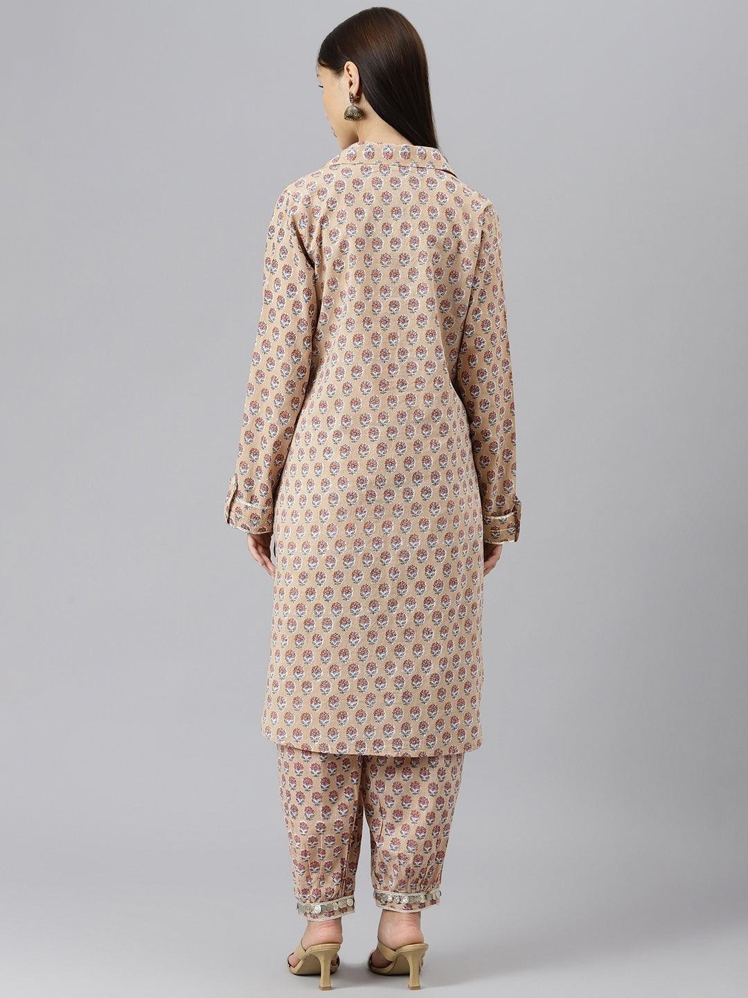 Beige Cotton Shirt Style Kurta Hem Cuffed Pant Co-Ord Set Women Plus Size