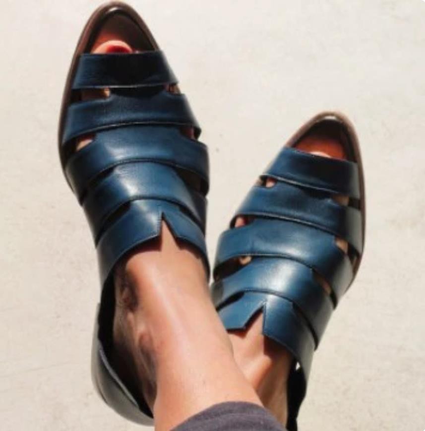 Women’s PU Leather Pointed Peep Toe Summer Sandals Hollow Breathable Shoes Flat