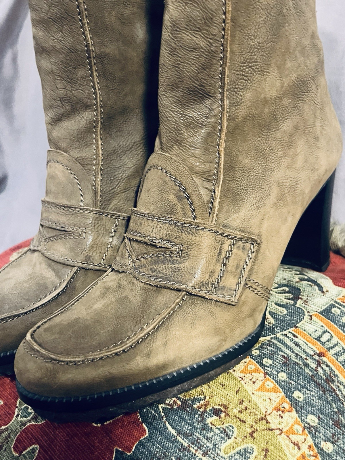 Stuart Weitzman Brown Leather Zip Ankle Boots Block Heel Square Toe Womens 8.5M