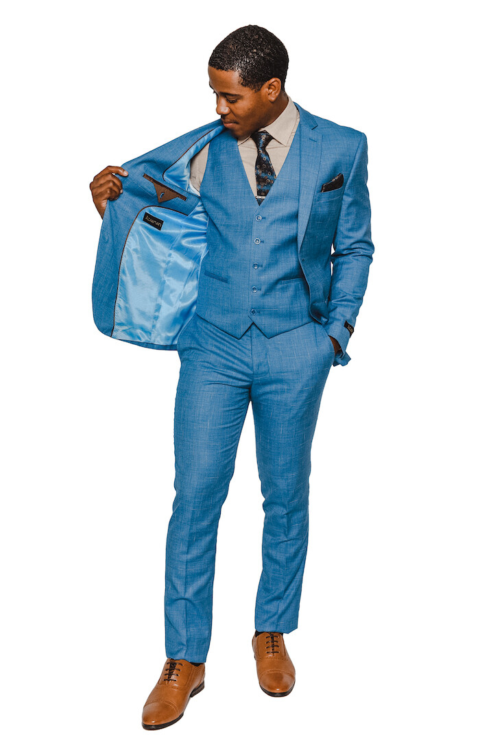 Slim Fit Blue Windowpane 2 Button 3 Piece Vested Notch Lapel Suit By AZARMAN NEW