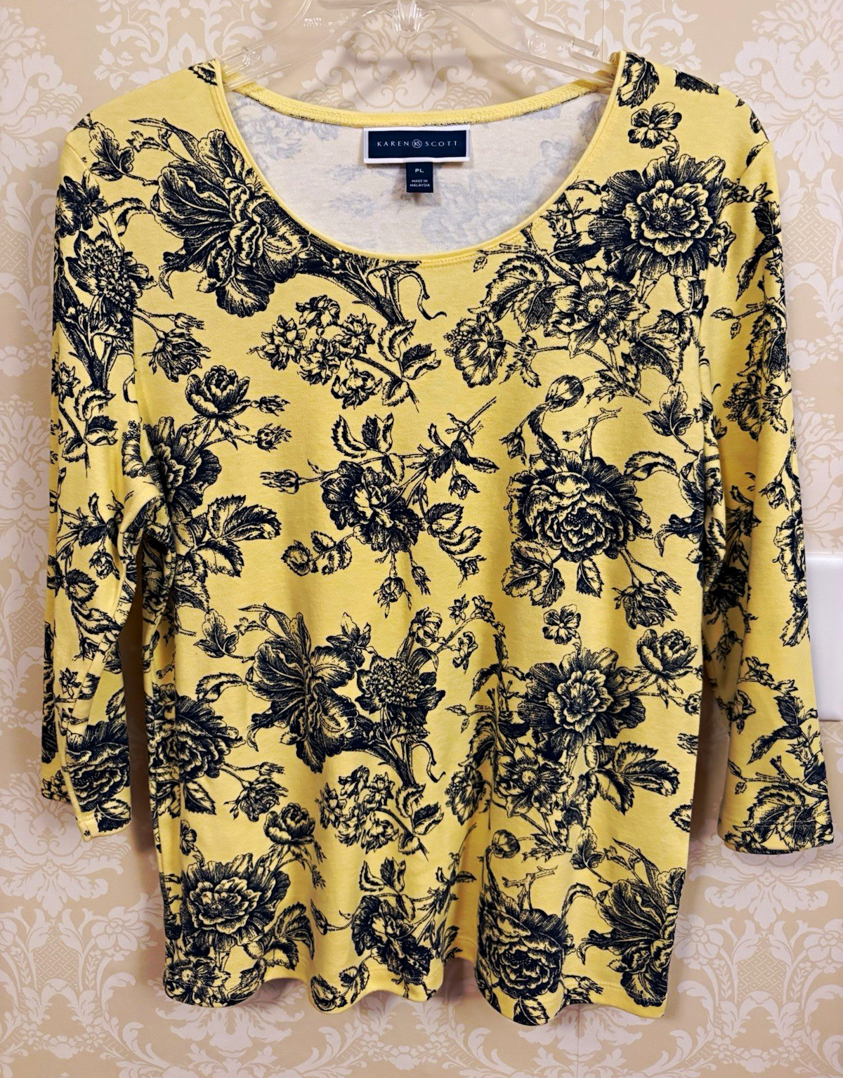 Karen Scott Petites PL Yellow Navy Mint Roses Floral Knit 3/4 Sleeve Tops 2 pcs