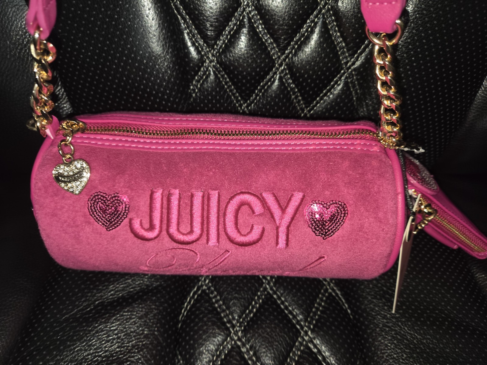 💕Juicy Couture Angel Barrel Shoulder Bag Heart key Charm Sequin Raspberry Tart