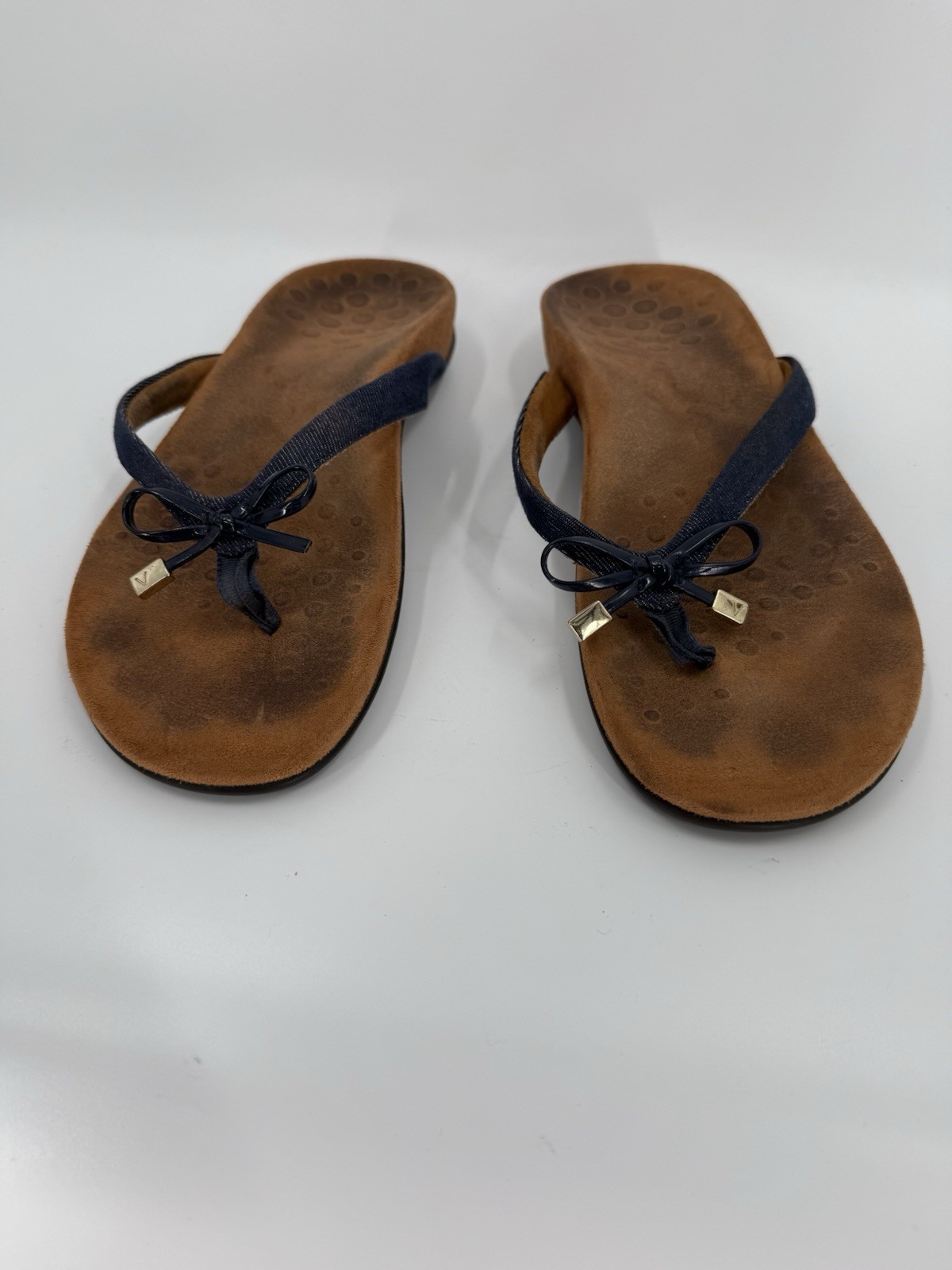 Vionic Orthaheel Bella II Blue Denim Flip Flop Sandals Thong Bow Size 10.5