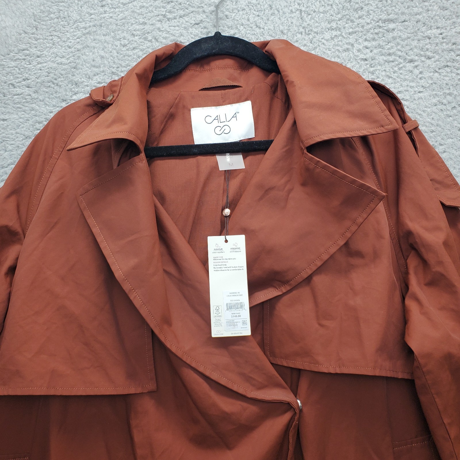 CALIA Rain Wind Trench Coat Womens Medium Brown Water Repellent Removable Hood
