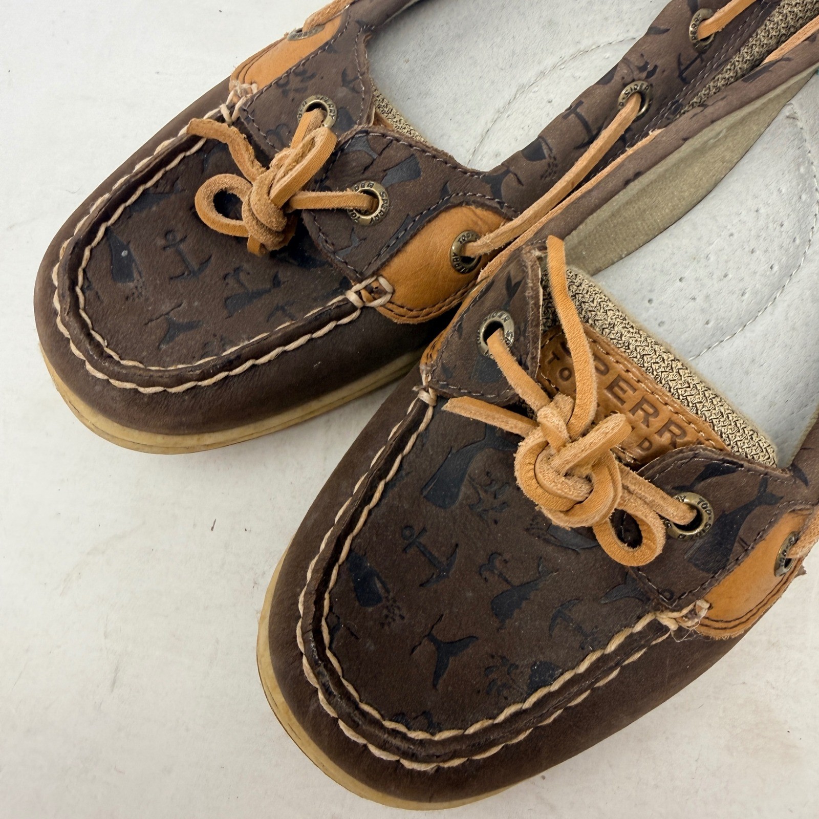 Sperry Top-Sider Brown Nautical Anchor Print Leather Mesh Boat Shoes Size 10
