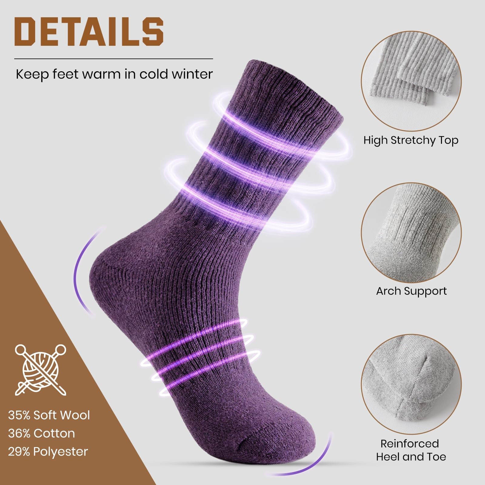 5 Pairs Wool Socks for Women, Thermal Warm Womens Merino Wool Hiking Socks, Cozy