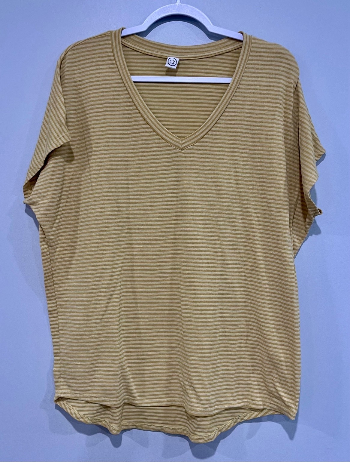 CY Fashion Women’s Large Yellow Stripe V-Neck Dolman Sleeve Top