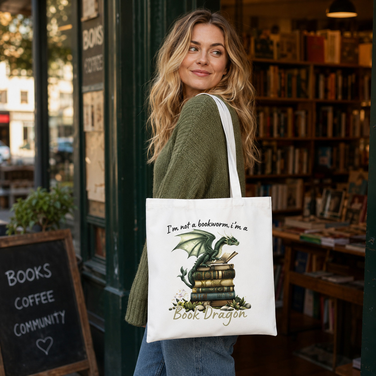 Dragon Book Stack Graphic Canvas Tote Bag, Casual Reading