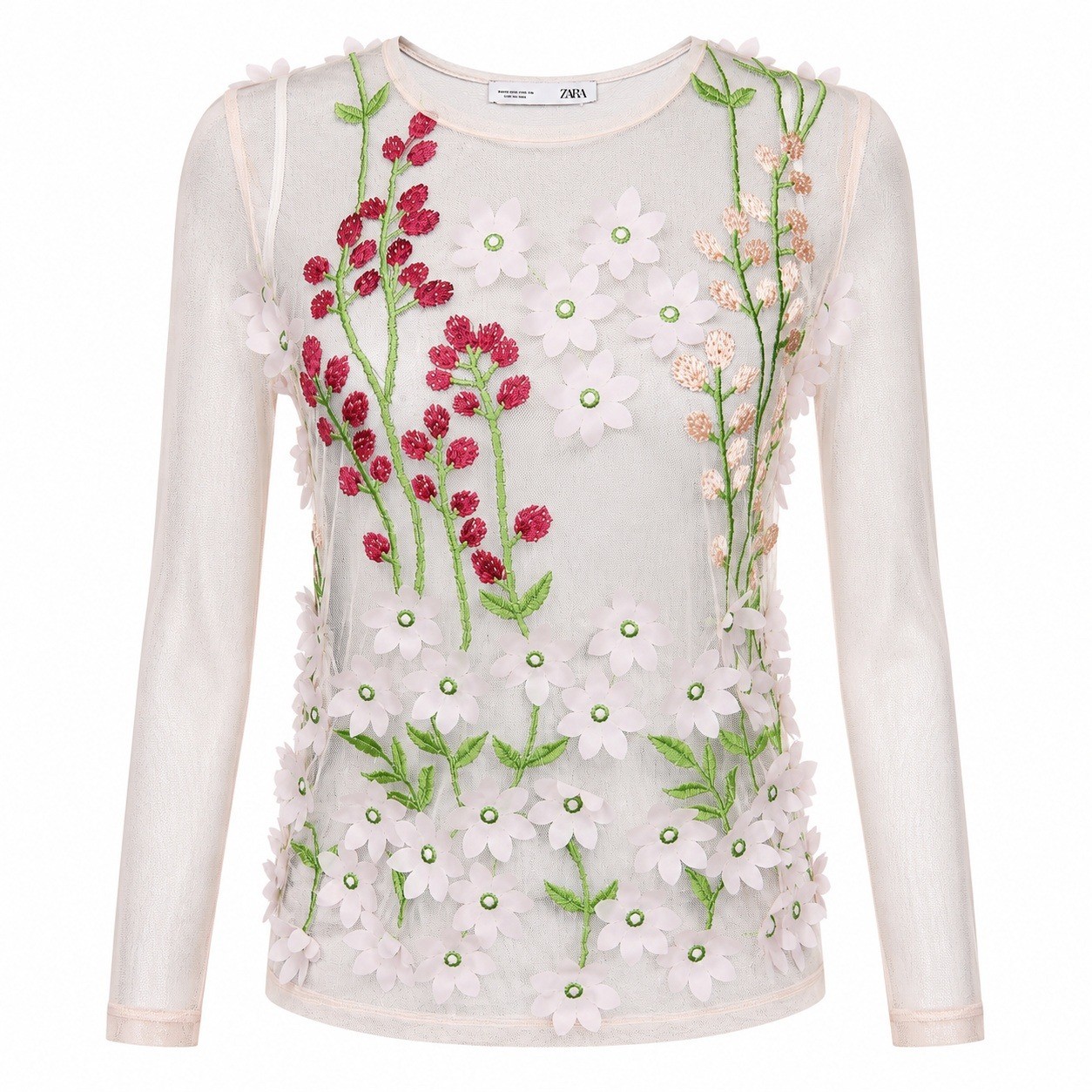 Zara Floral Applique Mesh Top S Sheer 3D Flowers Embroidered Boho Festival Fairy
