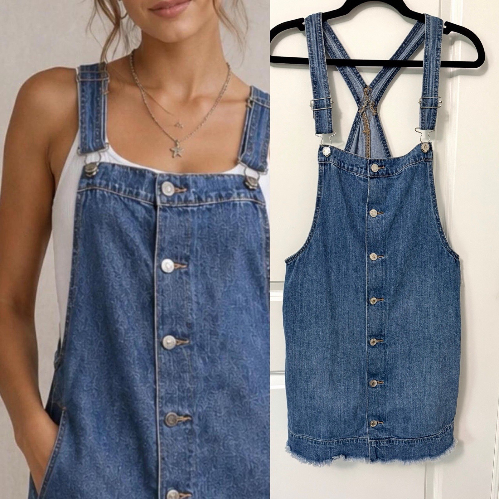 American Eagle Denim Overall Dress Button Up 90’s Y2K Bibs Raw Hem Pockets Large