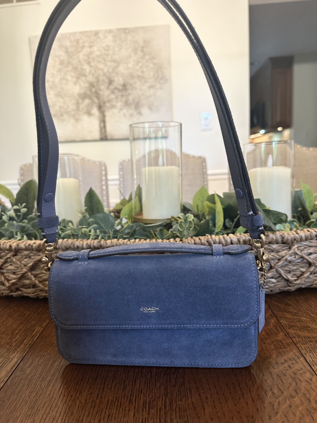 NIB Coach Elora Top Handle Crossbody Bag – Premium Suede Light Denim Color CDD59