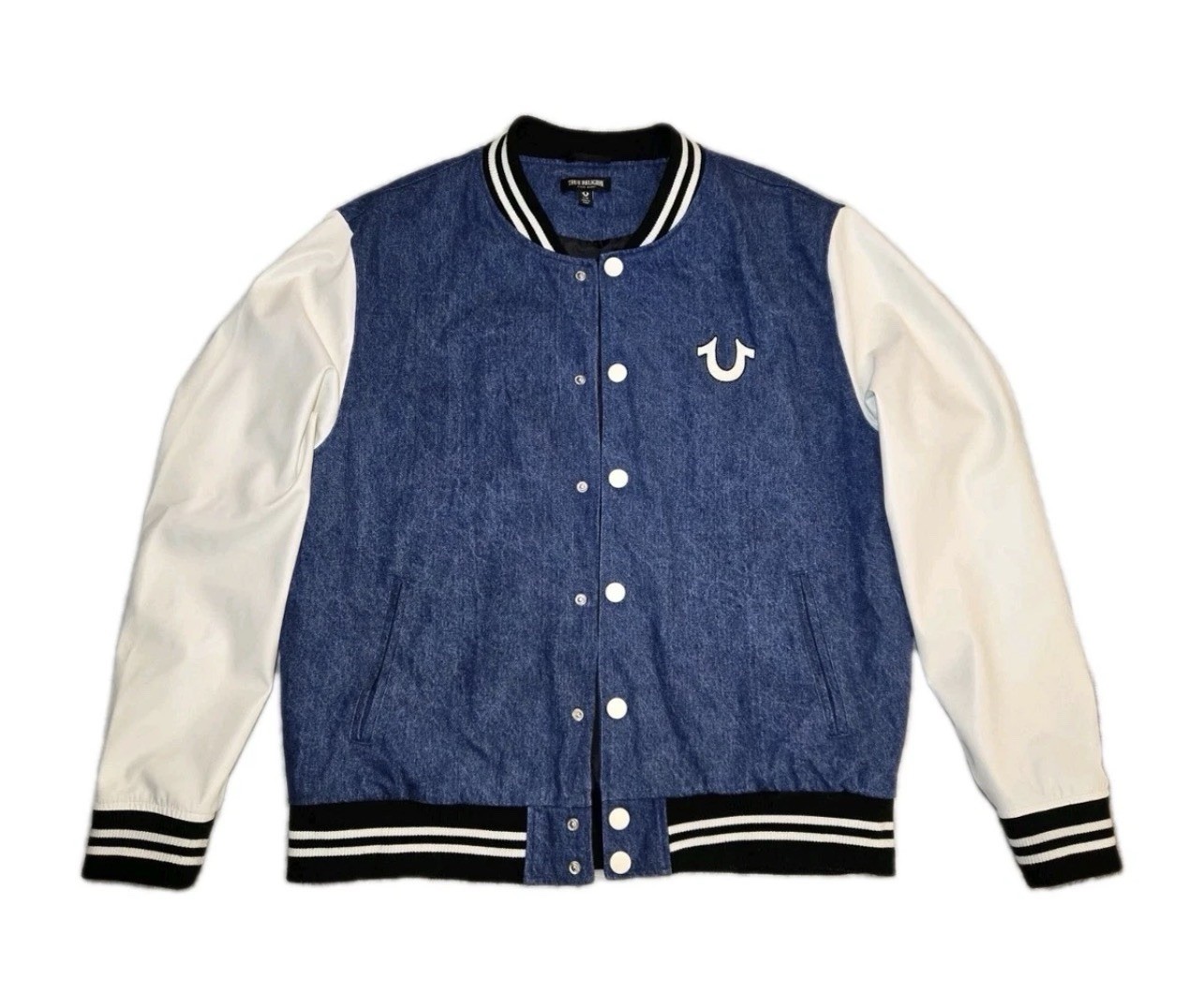 True Religion Mens Quad Buddha Denim Varsity Jacket Bomber Blue White L