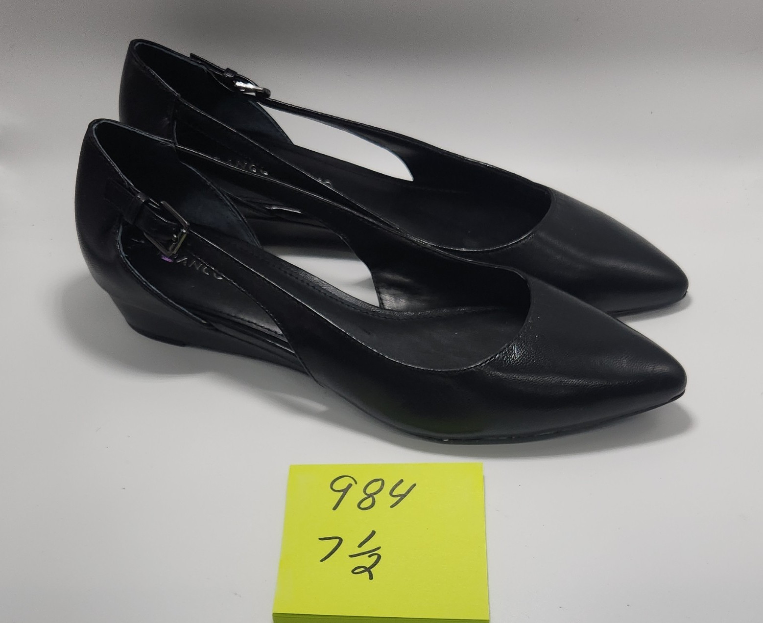 Franco Sarto Women’s Leather Pointed Toe Ankle Strap Wedge Pump Black 7.5